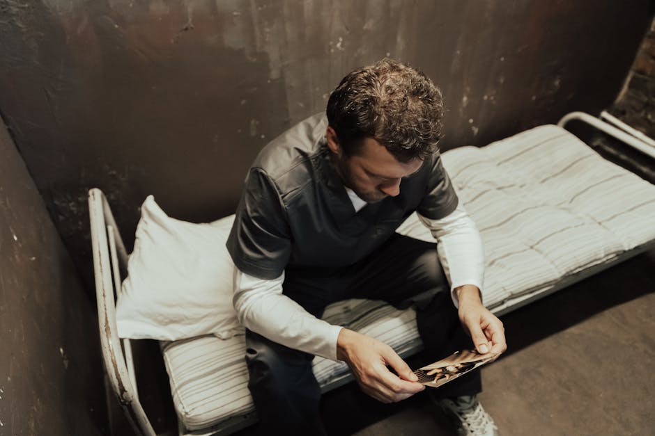 Adult man sits on bed holding a photograph, conveying isolation and reflection.