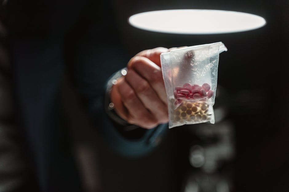 Close-up view of a hand holding a bag of assorted pills under stark lighting, conveying a serious tone.