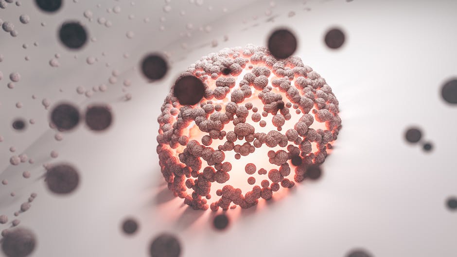 Intricate abstract representation of a cellular structure with a glowing core on a white background.