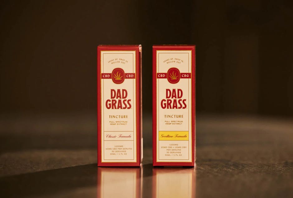 Close-up of Dad Grass CBD and CBG hemp tincture product packaging.
